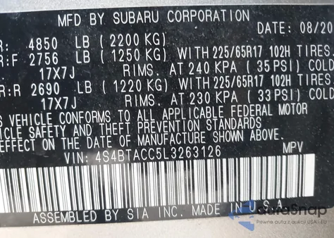 2020 Subaru Outback Premium z USA, uszkodzony, nr VIN 4S4BTACC5L3263126